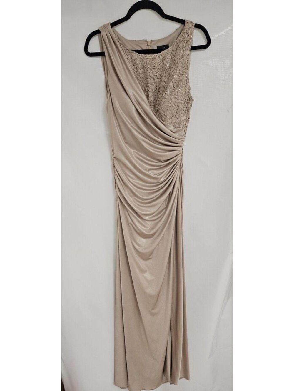 Adrianna Papell Beige Sleeveless Evening Gown with Lace and Sequins Size 12